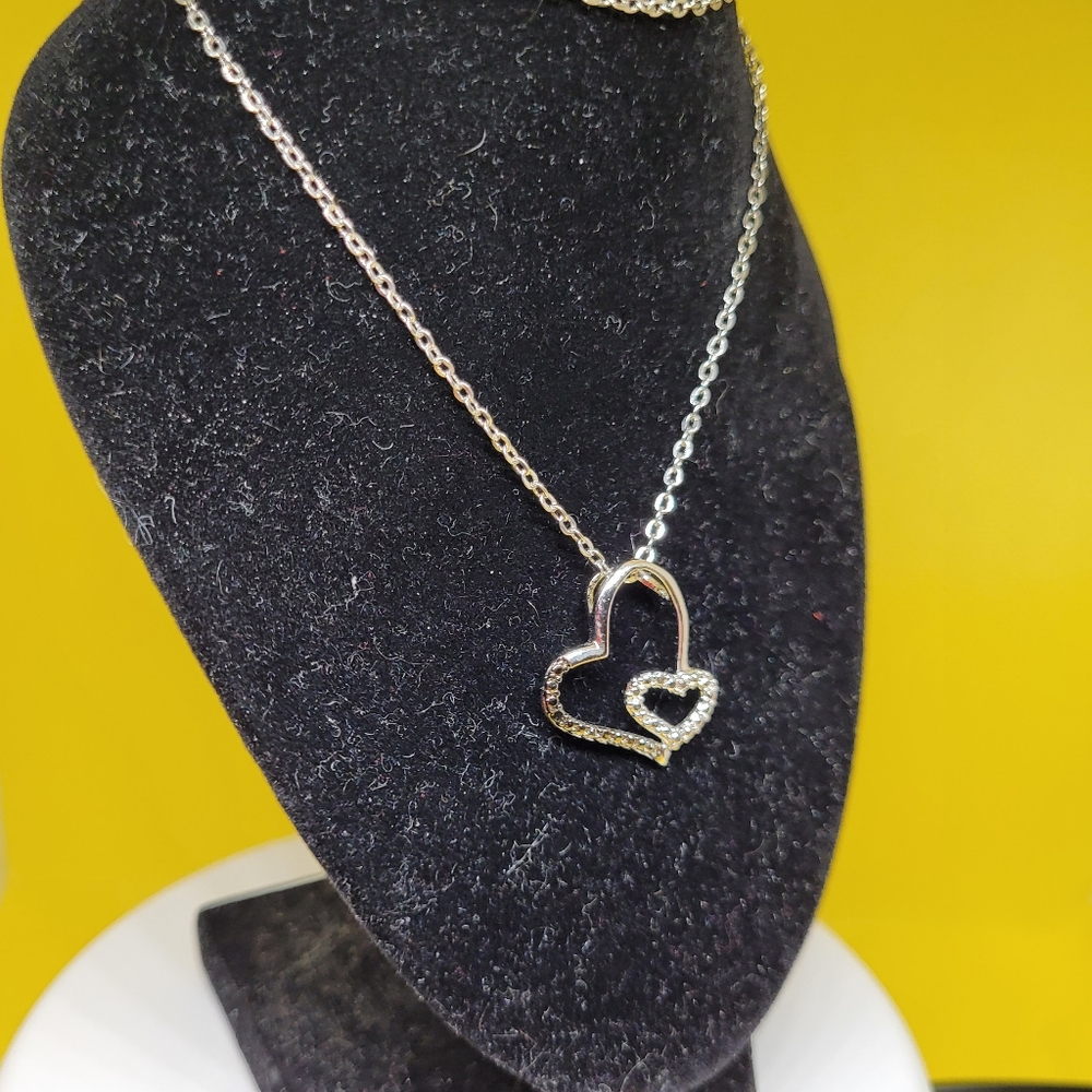 White Gold‑Filled 14K Double Heart Necklace • Diamond Accent • NWOT